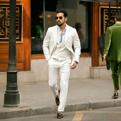 Sage Green Linen Men Suits 3 Pieces Prom Wedding Tuxedo Summer Slim Fit Groom Blazer Trousers Vest Set Formal Men Suit Set