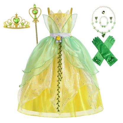 Toddler Birthday Party Green Dress Children's Day Tiana Inspired Delicate Princess Frock Girls Fairy Tale Gown Halloween Apparel