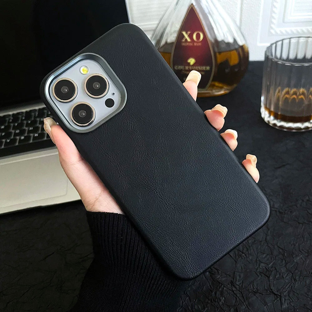 Premium Vintage Leather Magnetic Phone Case for IPhone 16 14 13 15 Pro Max Wireless Charging Alloy Camera Shockproof Back Cover