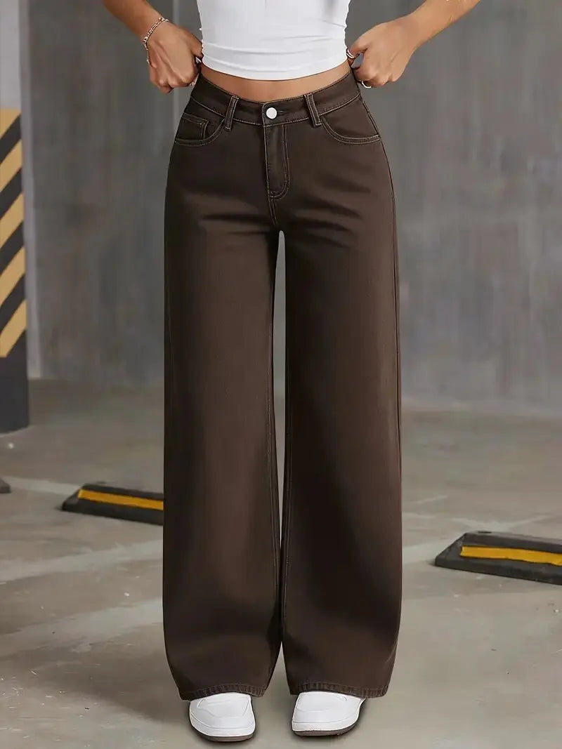 2026 New Brown Stretch Wide Leg Jeans Women High Waist Loose Straight Denim Pants Streetwear Casual Vintage Trousers