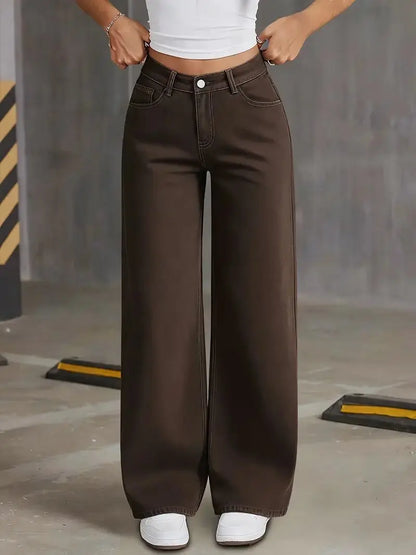 2026 New Brown Stretch Wide Leg Jeans Women High Waist Loose Straight Denim Pants Streetwear Casual Vintage Trousers