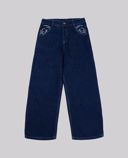 90s Retro Street Embroidery Jeans Male  R&B Solid Color Loose Straight Pants Female Y2K Harajuku Hip Hop  Punk Style  Men Jeans