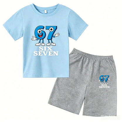 67 Funny Cartoon Number Print Kids Summer Casual 2PCS Breathable Tees+Short Pants Suits 2-13 Years Boys Girls Fashion Clothes