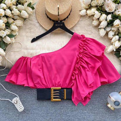 American Chic Blouse for Women Flounced Edge Skew Collar Bare Midriff Belt Skinny Shirts Summer Casual Female Tops Dropshipping