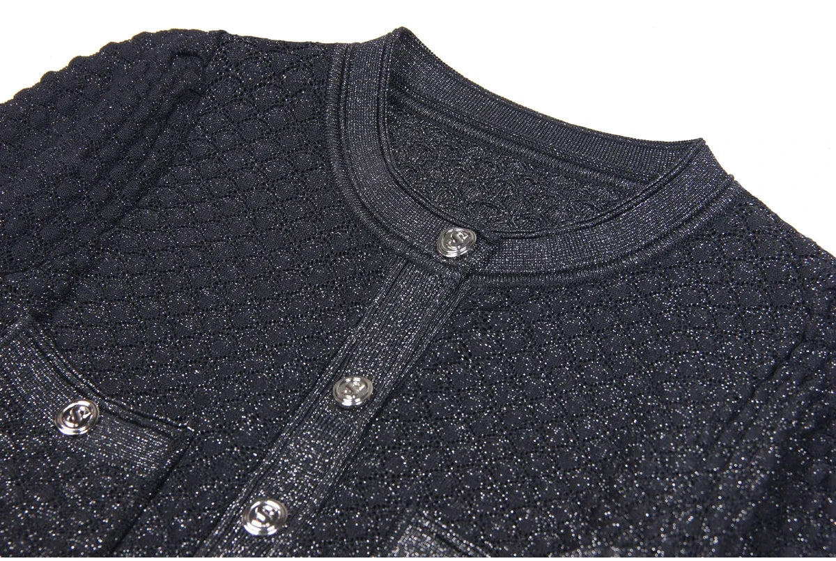 High Quality Fashionable Elastic Bright Silk Knitted Round Neck 7-inch Sleeve Single Row Button Lace Slim Fit Women's Dress