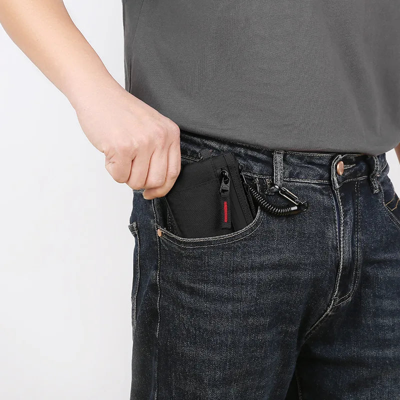 Porte-cartes de crédit RFID Hommes Portefeuilles Luxe Nylon Porte-monnaie mince Étui à clés à glissière Homme Sac tactique Porte-monnaie avec mousqueton