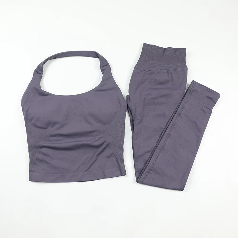 Seamless Gym Set Women Workout Clothes Low Waist Scrunch Yoga Leggings Sets Padded Halter Tank Top 2 Piece Sports Suits