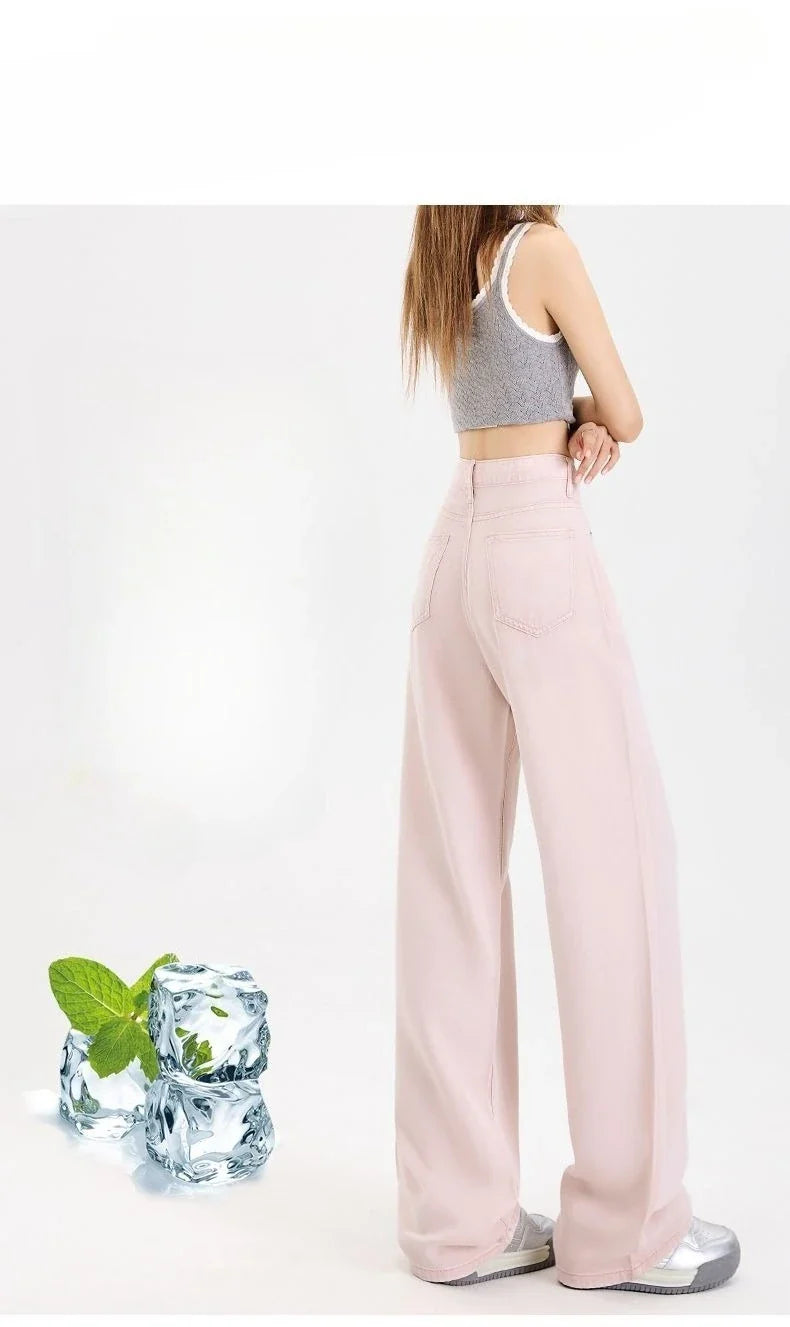 Woman Jeans 100% Lyocell Breathable Denim Wide Leg Towel Sweep drape loose 2025 Summer ice silk Baggy Famale Denim Pants 5 Color