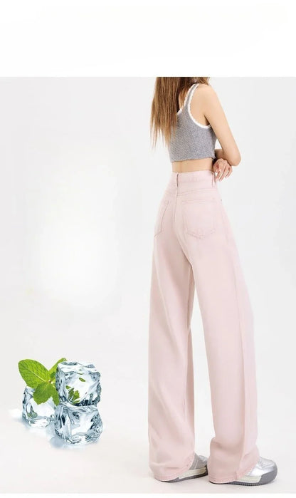 Woman Jeans 100% Lyocell Breathable Denim Wide Leg Towel Sweep drape loose 2025 Summer ice silk Baggy Famale Denim Pants 5 Color