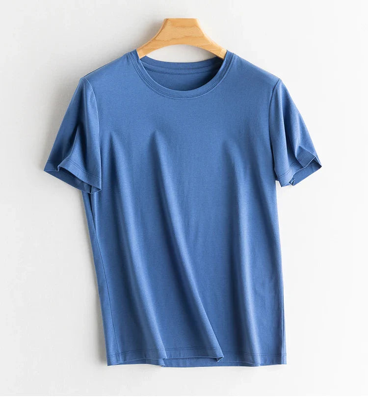 6% Real Silk Cotton Modal Women's T-shirt 2026 Summer Tees Short Sleeve Solid Tee Shirts V-neck Casual Woman Basic T shirt Tops