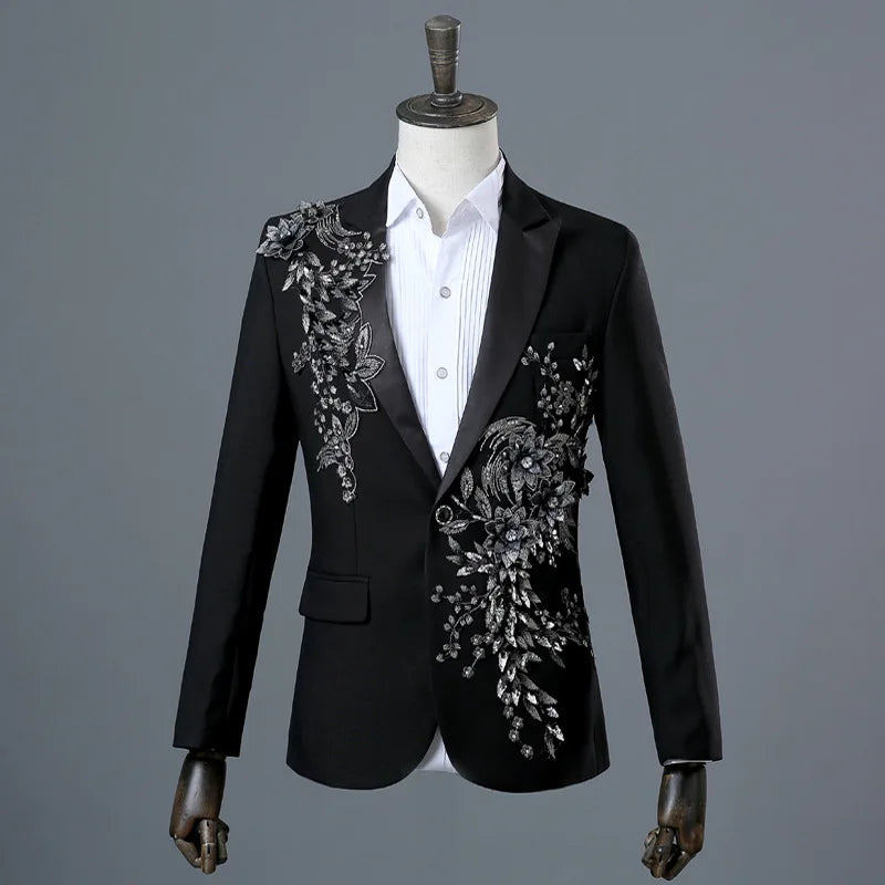 New Men Luxury Decal Suits Black / Red / Blue / White Fashion Singer Host Stage Performance Splicing Flower Blazers and Pants