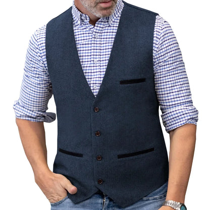 Men Vest Brown V Neck Single ButtonTweed Casual Business Waistcoat For Wedding Party Banquet Prom Work Men Suit Vest