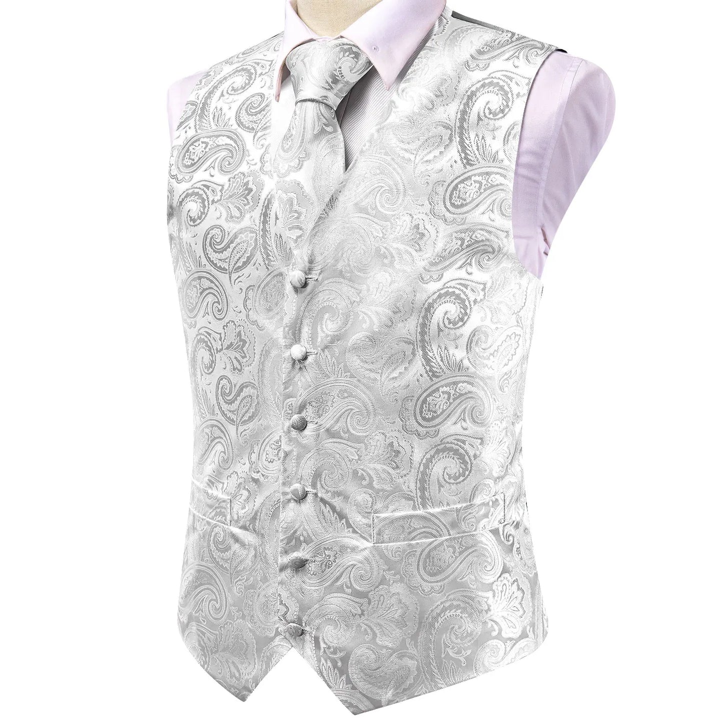 Luxury Mens Waistcoat Tie Set White Black Gray Silver Brown Sleeveless Jacket Suit Vest Necktie Hanky Cufflinks Gift