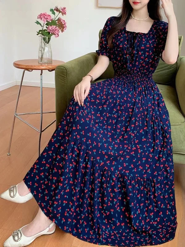 Summer New Cotton Silk Floral Print Maxi Dr ort Sve Beachwear High Waist Young Women's Large Skirt Swing Dr
