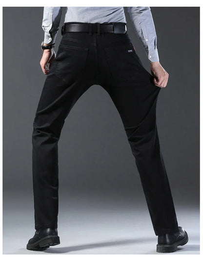 Men Classic Advanced Fashion Brand Pure Black Jeans Man Soft Breathe Stretch Slim Straight Denim Trousers Mens Pants Overalls
