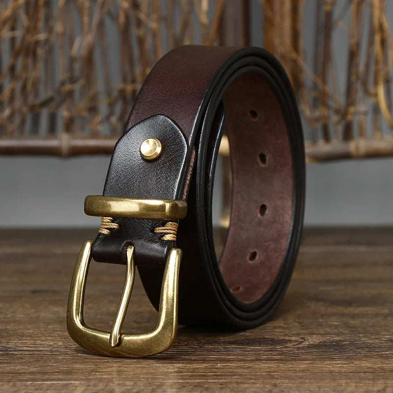 3.3CM Thick Pure Cowhide Copper Buckle Genuine Leather Casual Jeans Belt Men High Quality Retro Luxury Brand Male Strap Cintos