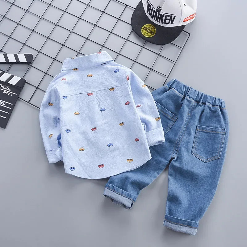 1-5 Years Spring Autumn Handsome Boys Clothing Set Full Sleeve Little Car Pattern Shirt+Jeans 2Pcs Suit For Kids Children Outfit