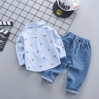 1-5 Years Spring Autumn Handsome Boys Clothing Set Full Sleeve Little Car Pattern Shirt+Jeans 2Pcs Suit For Kids Children Outfit