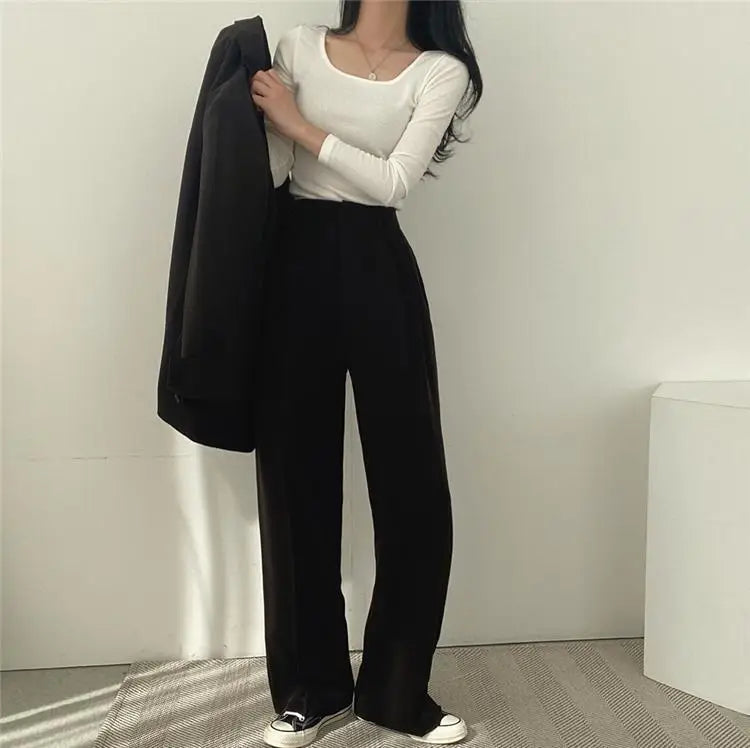 Casual Notch Lapel Suit Set with Button Thick Wide Leg Small Suit Pants High Waist Drape Polyester Business Lady Style Women