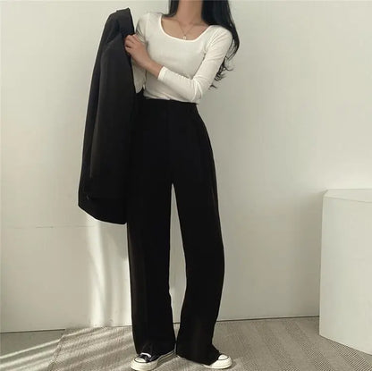 Casual Notch Lapel Suit Set with Button Thick Wide Leg Small Suit Pants High Waist Drape Polyester Business Lady Style Women