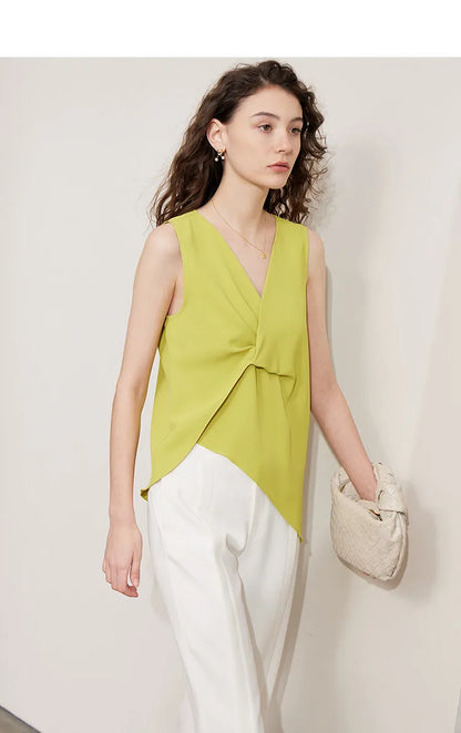 Women's Blouse 2026 Summer New Flowy Chiffon Asymmetric Hem Top Elegant Office Solid Casual V-Neck Shirt For Women 12612025