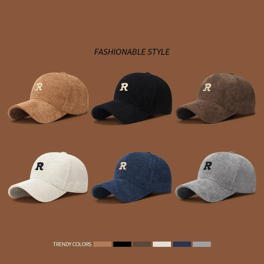 Corduroy Baseball Cap with 3D Embroidered 'R' Letter Solid Color Adjustable Structured Hat Stylish Fall and Winter Accessory