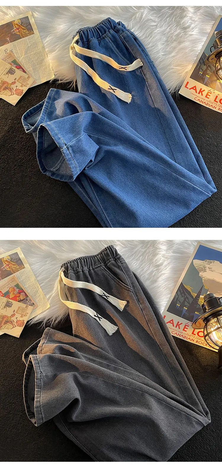 Casual Loose Straight Leg Men's Jeans Drawstring Elastic Waist Wide Leg Long Trousers High Street Fashion Denim Pants