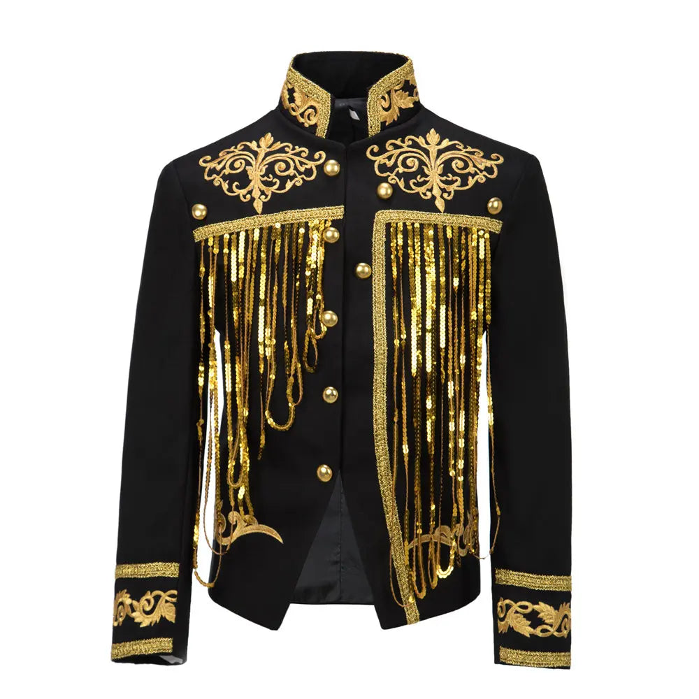 Steampunk Men's Jacket DJ Dancer Ternos White Men Costumes Clothing Black and Gold Blazer with Sequin Tassels for Performer