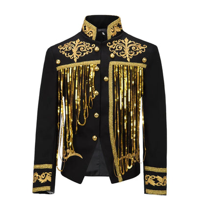 Steampunk Men's Jacket DJ Dancer Ternos White Men Costumes Clothing Black and Gold Blazer with Sequin Tassels for Performer