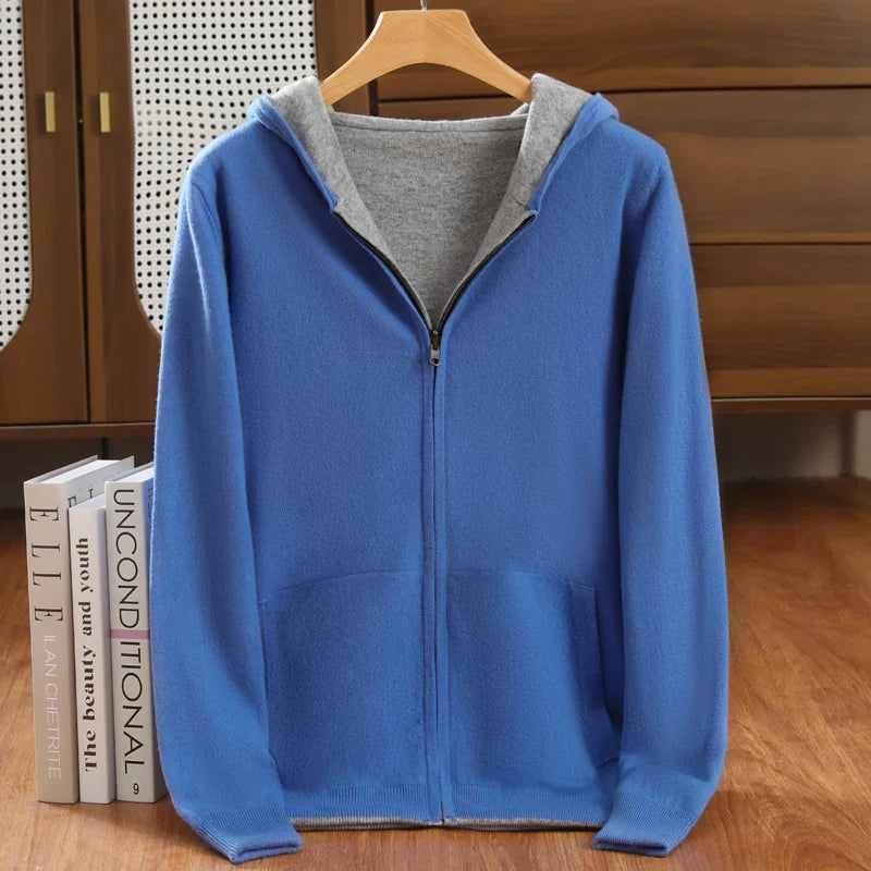 Double-Sided Hooded Zippered Men's Cashmere Cardigan Autumn and Winter Contrasting Color Thickened Loose Casual Knitted Sweater