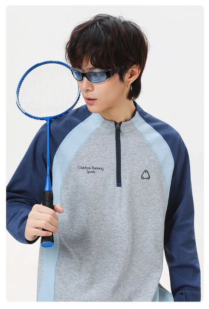 Men's Retro Colorblock Raglan Sleeve Long Sleeve T-Shirt – Loose Fit Half-Zip Athletic Top with Moisture-Wicking Fabric