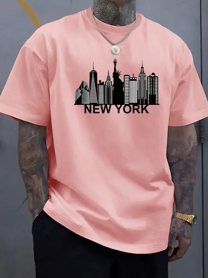 100% pure cotton men's New York city pattern printed fashionable casual loose sports round neck short sleeved T-shirt top