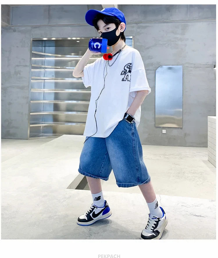 Boys New Summer Clothing Set Kids Short Sleeve T-shirt + Denim Shorts 2pc Sports Outfits for Kids Child Casual Cartoon Tracksuit