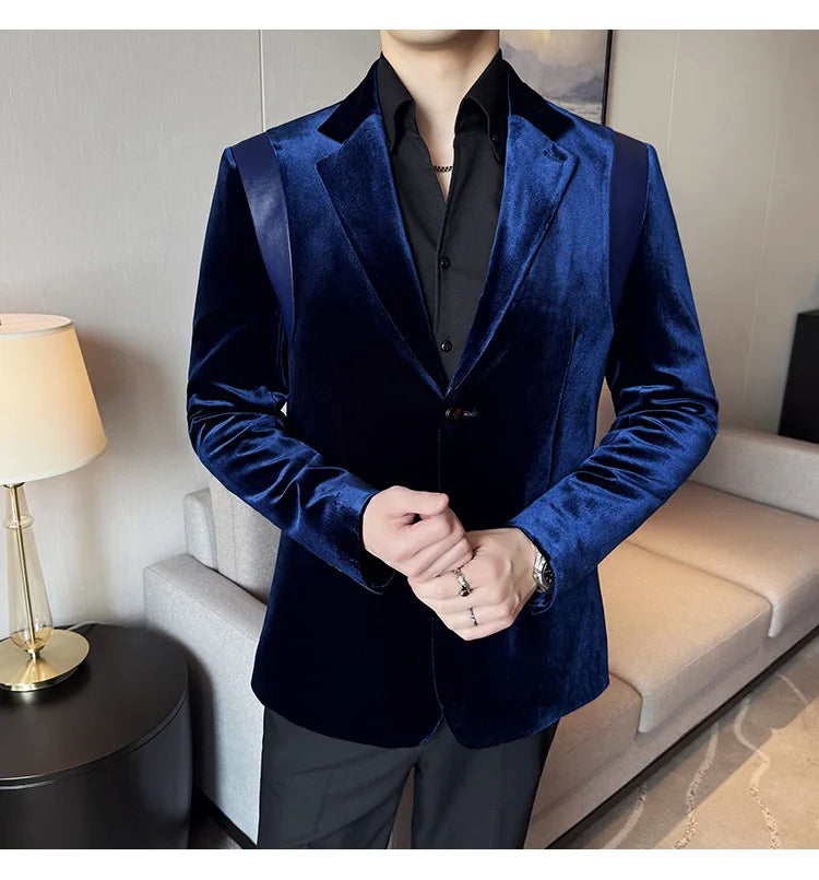 Leather Splicing Mercerized Velvet Suit Jacket 2025 Autumn New Men's High-end Business Slim Fit Fashion Party Tailcoat 4XL-M
