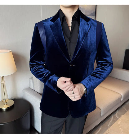 Leather Splicing Mercerized Velvet Suit Jacket 2025 Autumn New Men's High-end Business Slim Fit Fashion Party Tailcoat 4XL-M