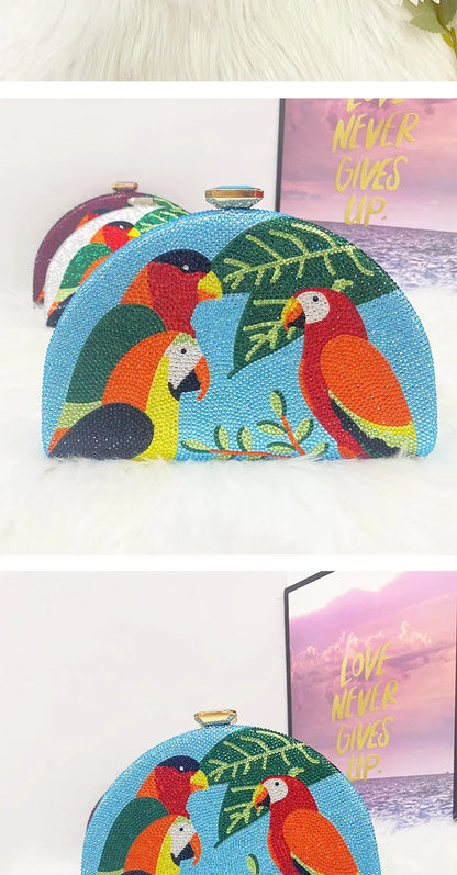 Multicolored Parrot Diamond Evening Bags Women Crystal Clutch Purse Cocktail Prom Bird Party Handbags Rhinestone Shoulder Bag