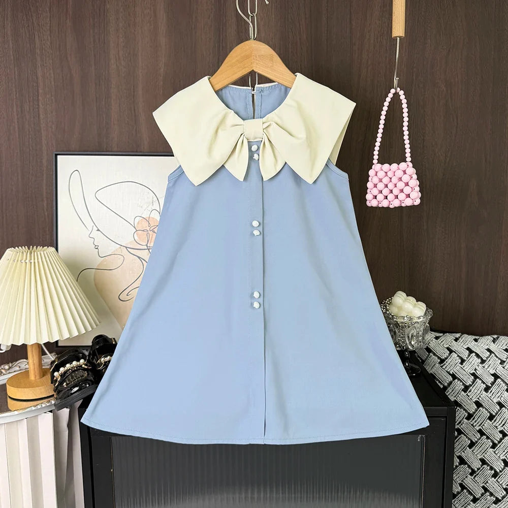 Korean Version Black Sleeveless Kids Clothes Summer New Bow Decoration Girls Dress Birthday Party Princess Dresses 2-7 Years Old