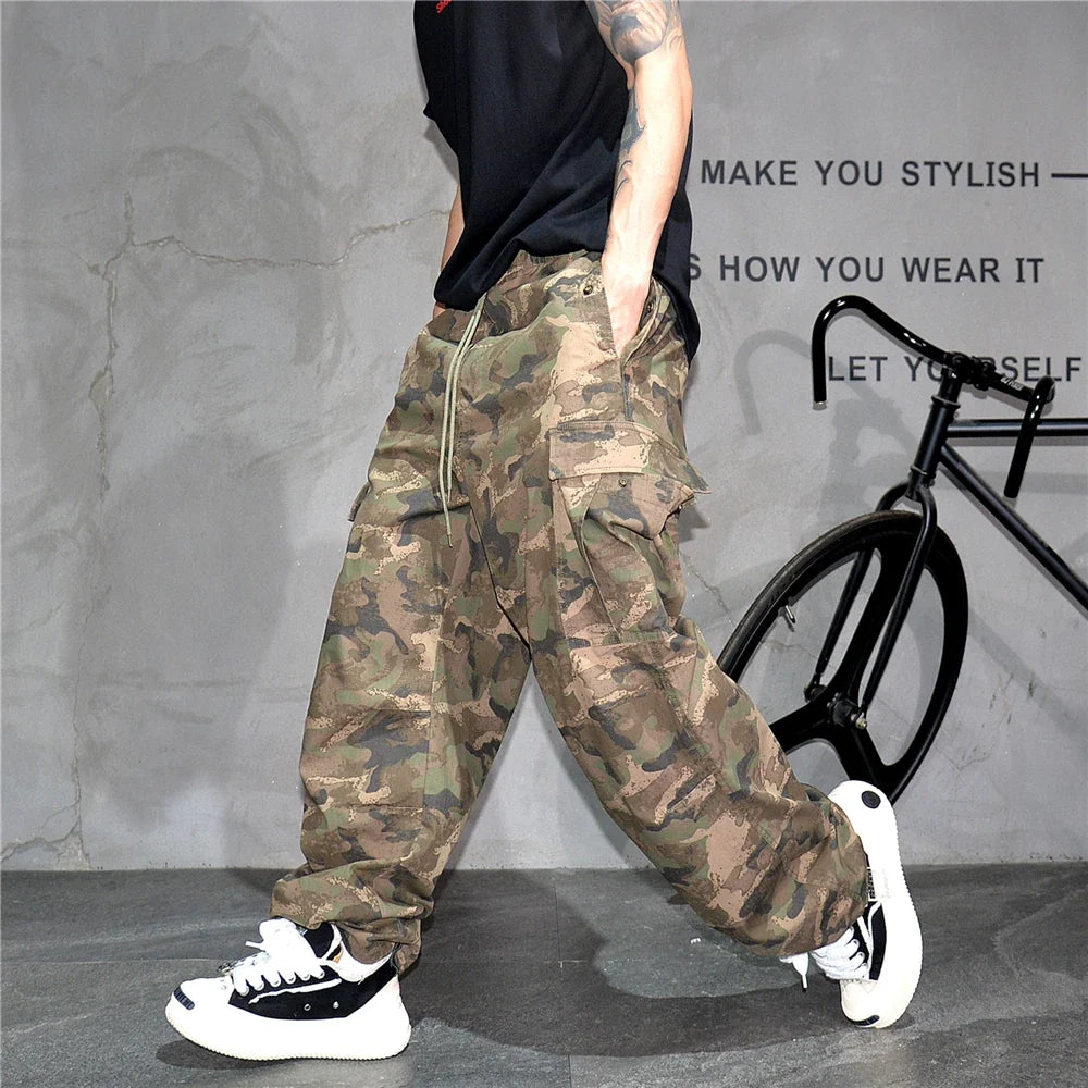 Heavy weight Tactical Cargo Pants For Men Vintage Camo Multi-Pocket Loose Fit Straight Leg Outdoor Streetwear Casual Trousers