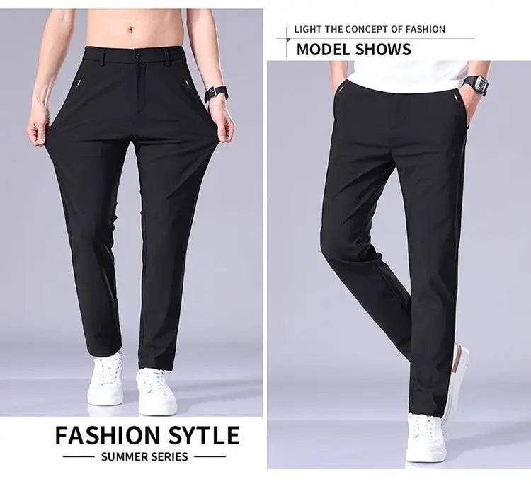 High Elastic Ice Silk Casual Pants Men's Spring Summer Ultra-thin Quick Drying Soft Breathable Business Straight Gray Trousers