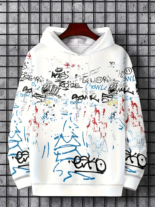 Fashionable men's autumn personalized letter graffiti print soft and comfortable hooded sweatshirt outdoor urban high street to