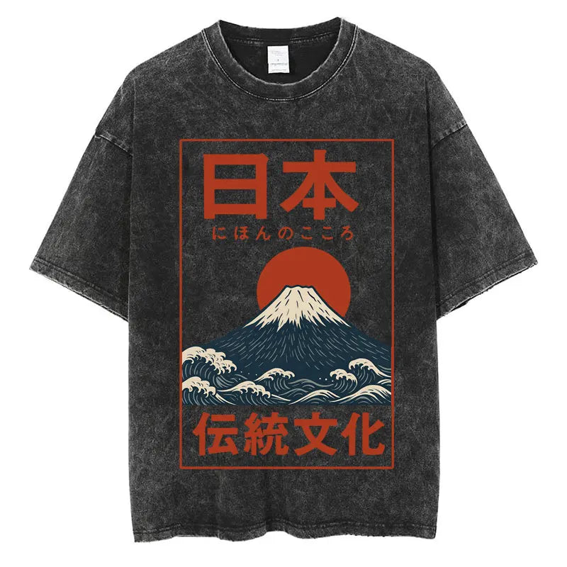 Japanese Tokyo Tokyo Culture Print Washed T Shirt Funny Fashion Vintage Men Women T-shirts Cotton Casual Loose Tees Streetwear