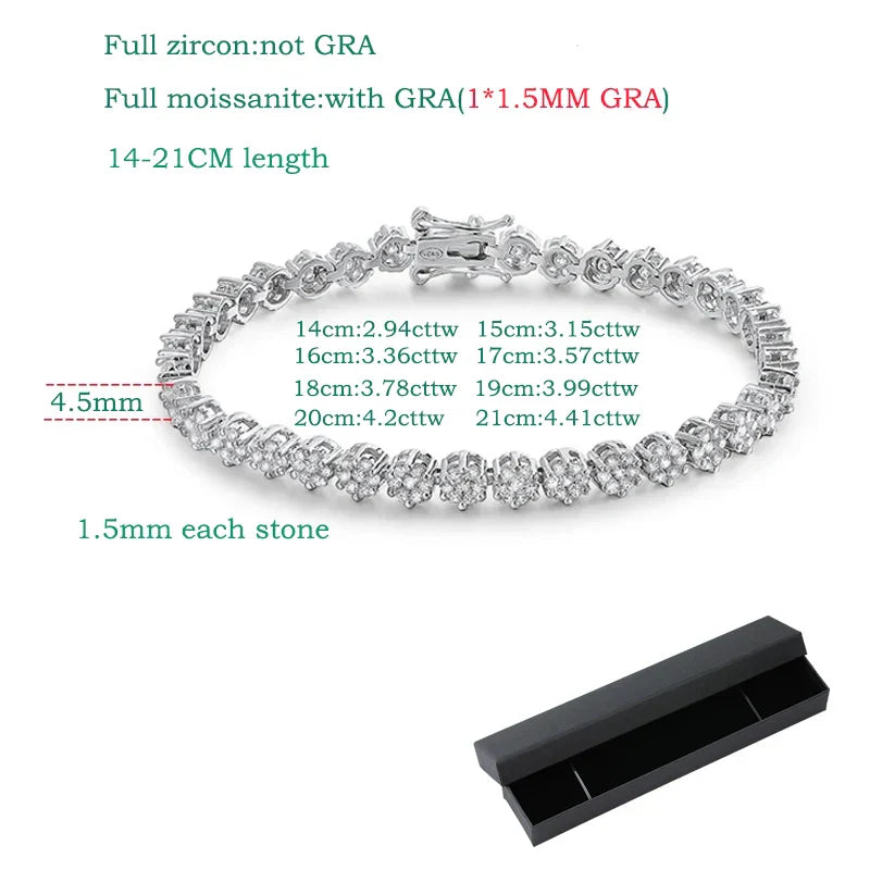 Brilliant Cut Flower Moissanite Tennis Bracelet for Women 1.5mm Gem Full Diamond 925 Sterling Silver Plated 18K Jewelry