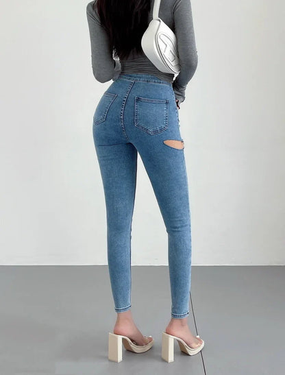 American Spicy Girls Sexy Hole Jeans Slim High Waist Elastic Feet Pencil Pants Trousers Fashion Women BOF8