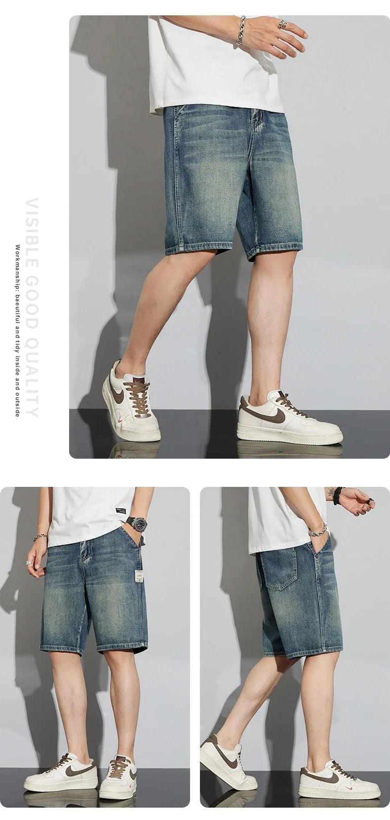 Summer Vintage Denim Shorts Men's Fashion Straight Casual Loose Streetwear Bermuda Jeans Male Short Pants Streetwear