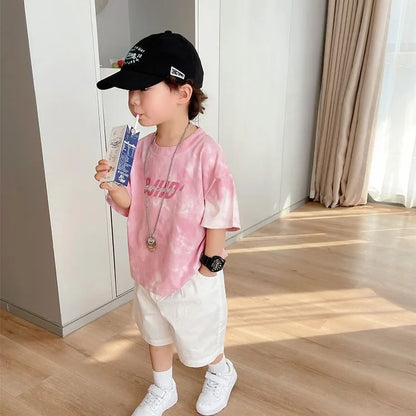 2025 New 100% Cotton Kids Tie Dye Short Sleeve T-Shirt Summer Boys Girls Clothing