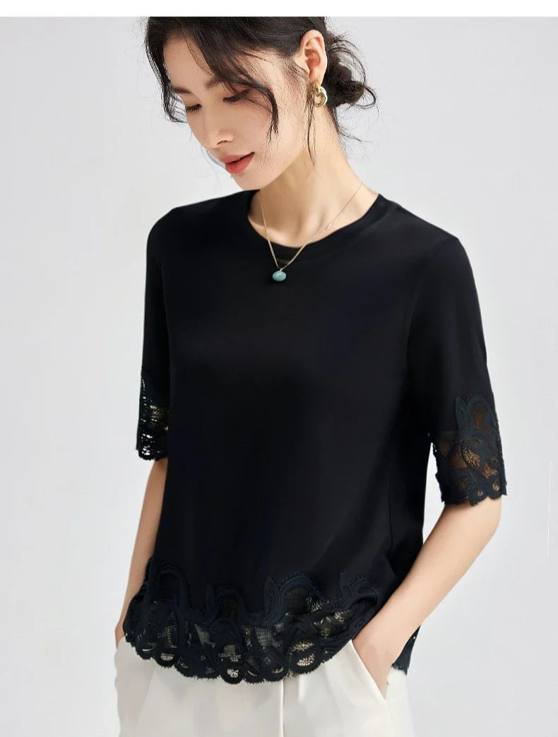 Women's Lace Trim Round Neck Short Sleeve T-Shirt 2025 Summer Slim Fit Casual Minimalist Solid Color Versatile Top