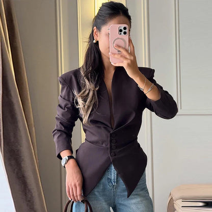 Chic Pleated Waist Cinched Women's Jacket V Neck Single Breasted Lace Up Blazer Coat Lady 2026 Casual Slim Commute Outerwear