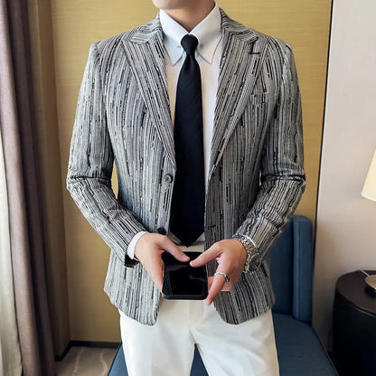 Fashion Meteor Line Checkered Elegant Suit Jacket Men Fashion De Luxe Business Slim Fit Single Breasted Social Party Dress Coats