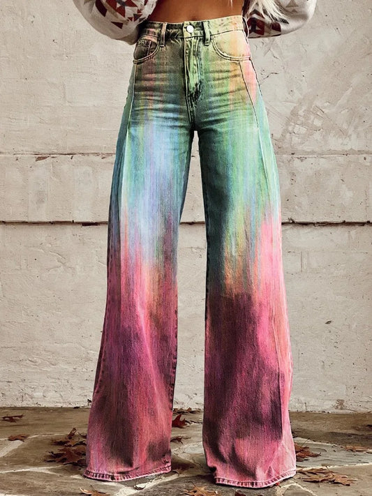 Women's Fashion Casual Trendy Faux Denim Pants Stylish Loose Fit High Waist Trousers