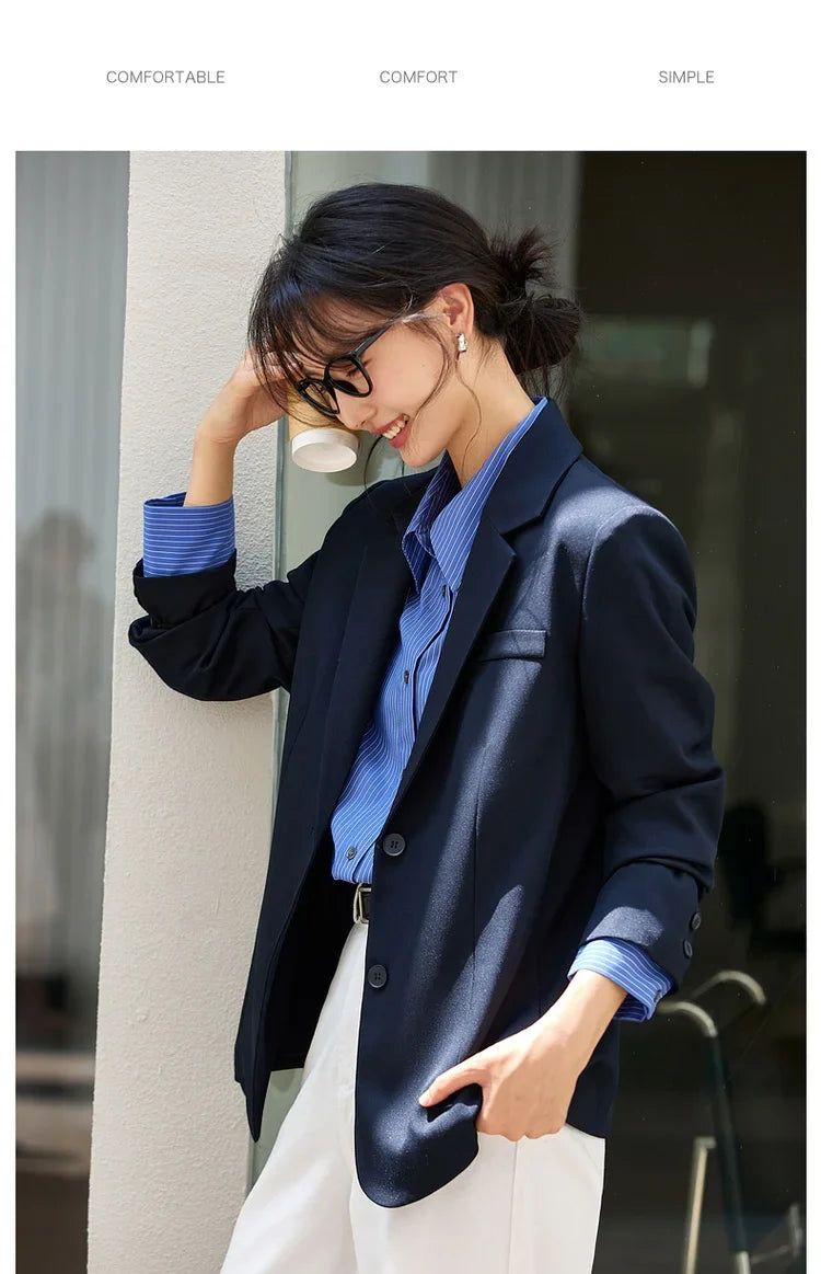 Women's Navy Blue Jackets Autumn 2026 Oversize Elegant Office Wear Blazer Notched Ladies New in Coats and Jackets A2360